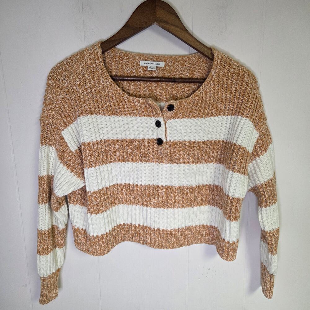 American Eagle Sweater Crewneck Cropped Yellow And White Buttons Size Small